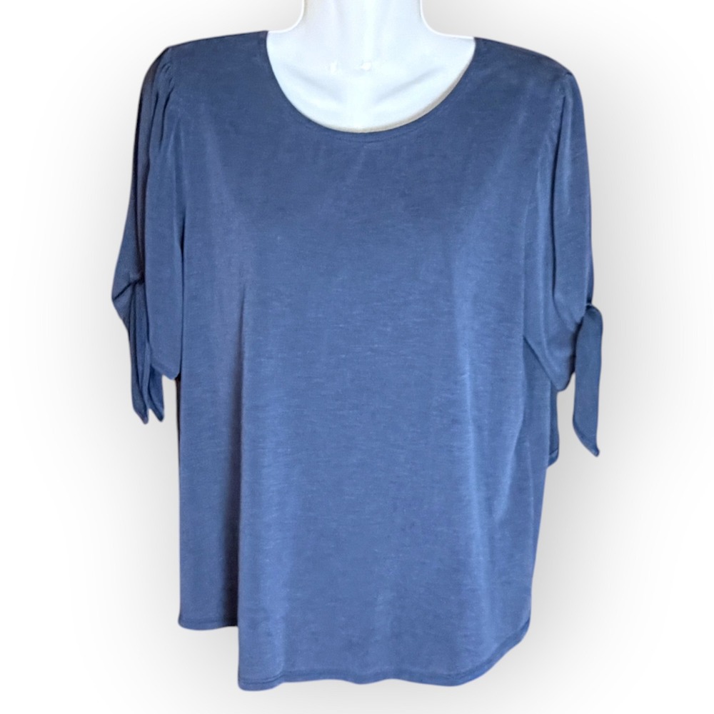 Green Envelope Los Angeles Women gray Blue Slub silky Puff Sleeve Tie Cuff Top L